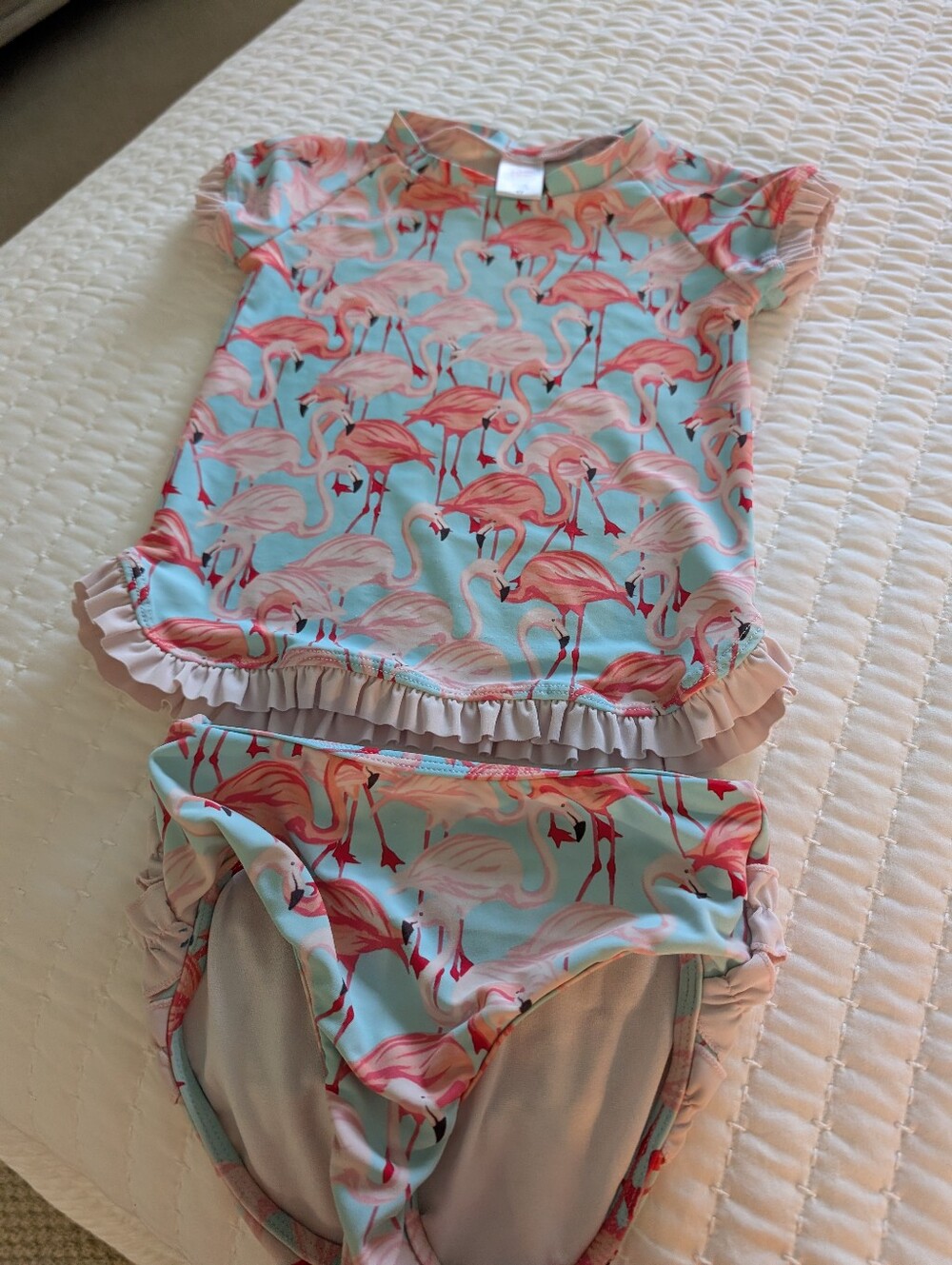 Ruffle Butts Pink Flamingo Print Girls Rashguard Set - Light Blue & Pink